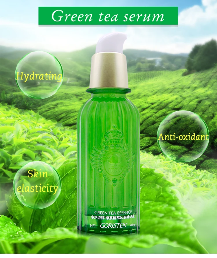 Natural skincare face use hydrating shrink pores firming green tea antioxidant serum