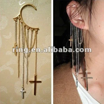 Gold Silver Cross Fringe Ear Cuff Dangle Earrings Chains Non Pierced Gold Silver Cross Fringe Ear Cuff Dangle Earrings Chains Non Pierced
