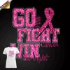 Go Fight and Win Pink Ribbon Rhinestone Glitter Hot Fix Design