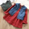 Fashion Baby Girls Jeans Vest Long Sleeve Plaid Printed Dress Two Piece Suit
