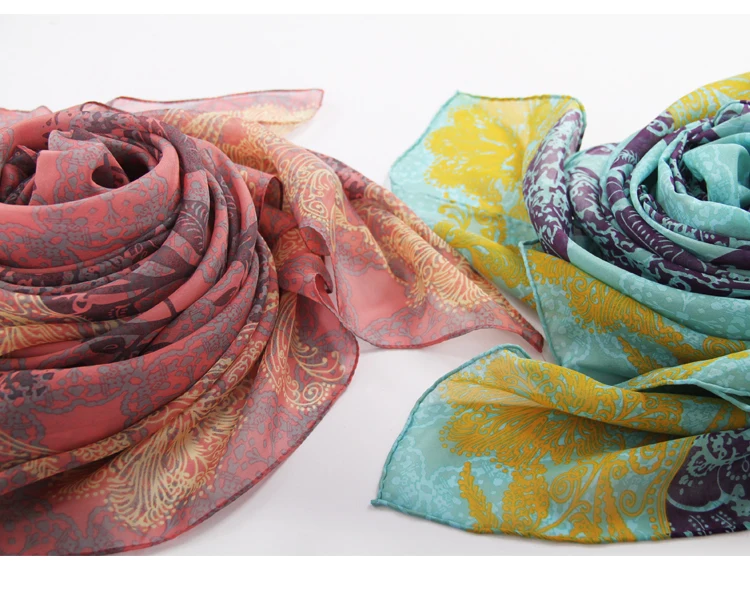 FLOWERS SILK SCARF LONG SHAWL CHIFFON 100% SILK