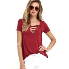 Summer Fashion Women T-shirts Short Sleeve Sexy Deep V Neck Bandage Shirts Women Lace Up Tops Tees T Shirt plus size LJ3422M