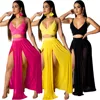 2019 New Arrivals Summer Fashion Women Deep V-Neck Spaghetti Sleeveless Crop Front Split Skirts Solid 2 Pieces Set Chiffon Dress
