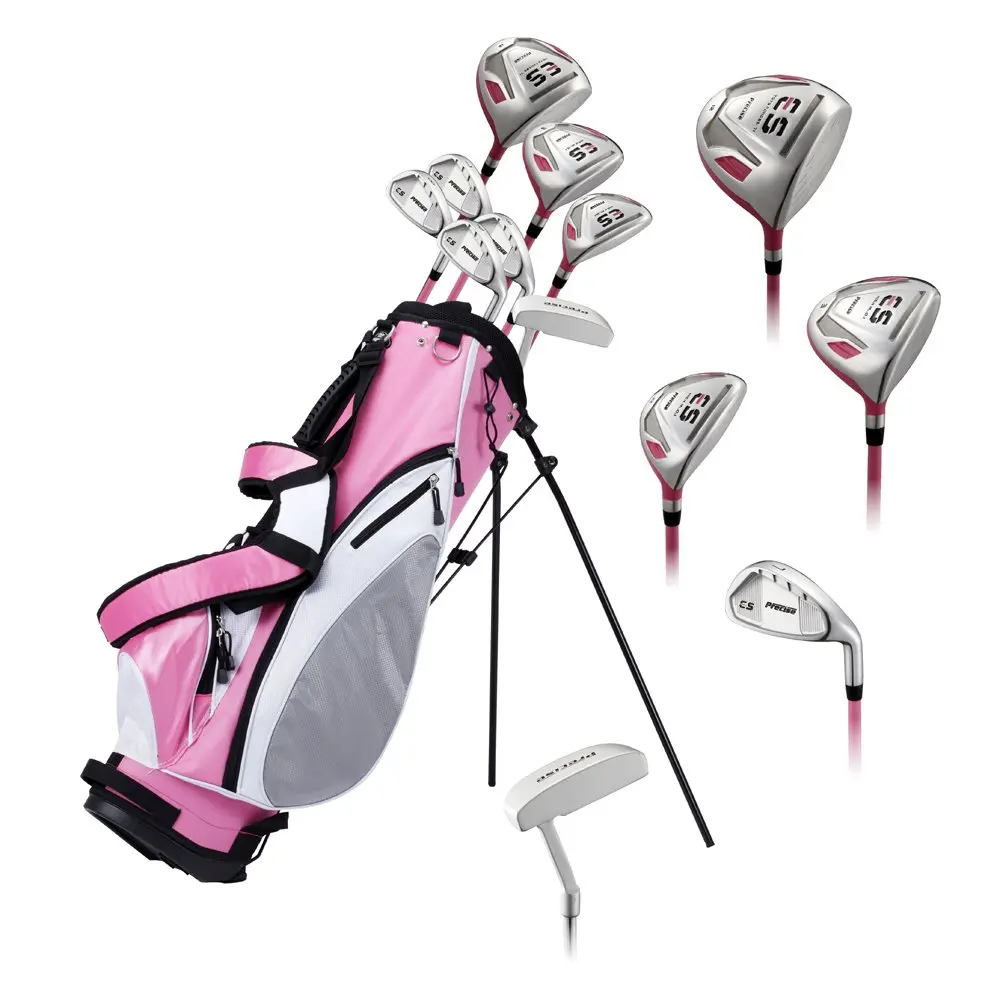 Precise ES Ladies Womens Complete Right Handed Golf Clubs Set Includes Titanium Driver, S.S. Fairway, S.S. Hybrid, S.S. 7-PW Irons, Putter, Stand Bag, 3 H/C's Pink - Choose Size! (Petite Size -1")