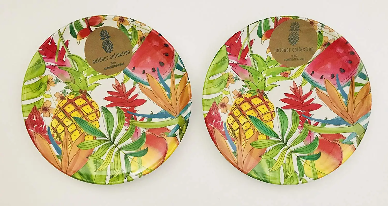 Sets Of 4 Or 2 | Colorful Tropical Fruits Pineapple | Watermelon | Flowers Melamine Serving Bowl | Dinner | Lunch | Salad | Dessert Plates | Sturdy | Heavy (Set Of 2 Dinner Plates | 10.5 inches)