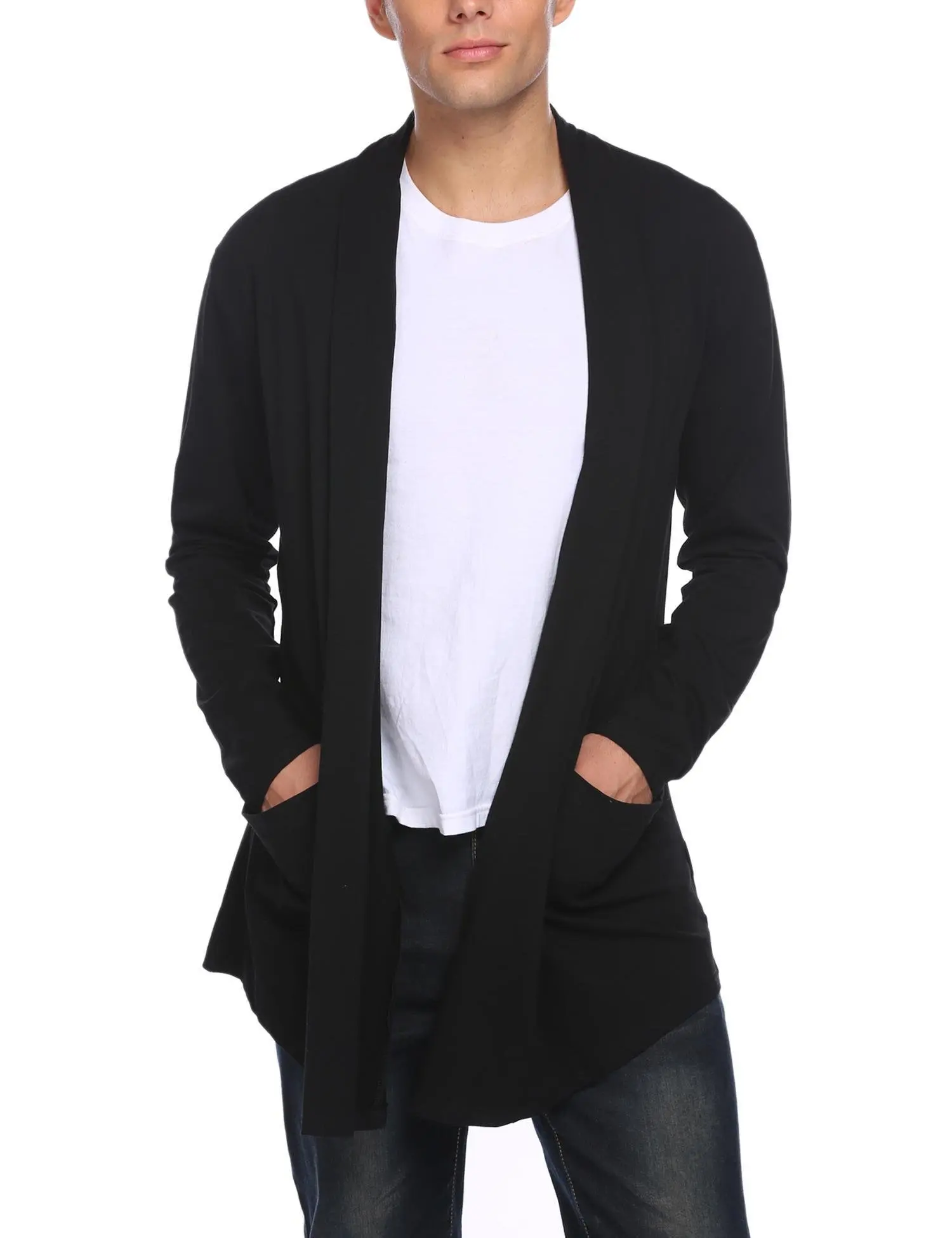 SELX Men Fashion Open Front Shawl Collar Longline Draped Cardigan