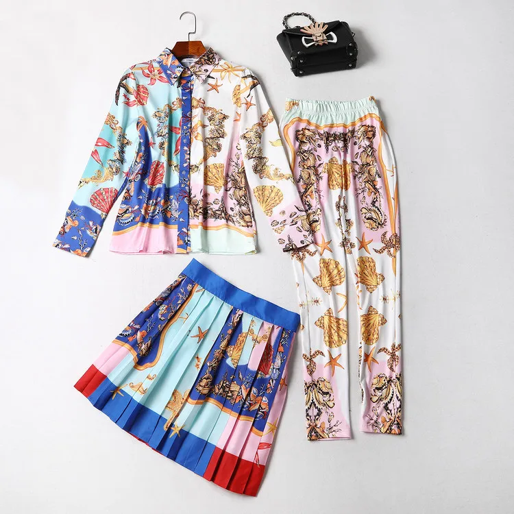 Spring Women Long-sleeved shirt with pants and Skirt 3piece Set