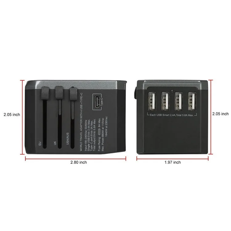 LX-608 US/UK/EU/AU Outdoor Socket 4 USB 2.4A Universal Global Travel Plug Adapter