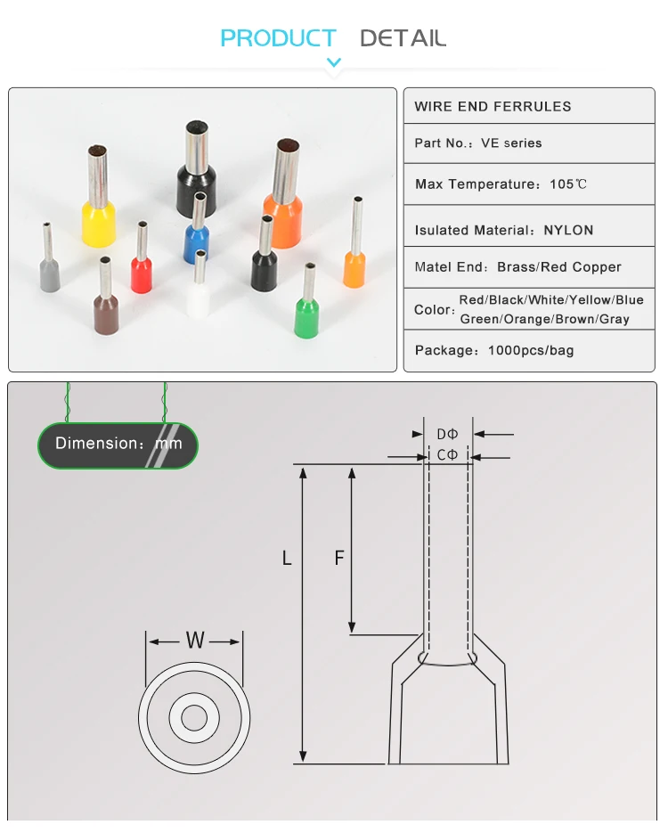 VE0508 Tubular Electric 0.5mm Boot Lace Ferrules Wire Terminal Connector