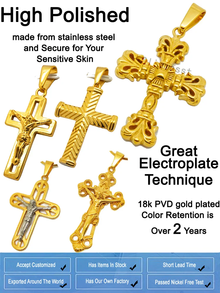 Stainless Steel Polished Laser Cut Crucifix Necklace