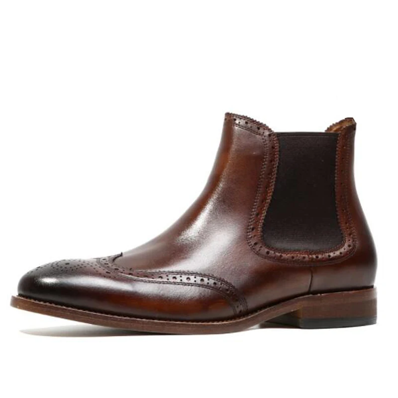 British Style Genuine Leather Brogue Chelsea Boots,Men Ankle Handmade