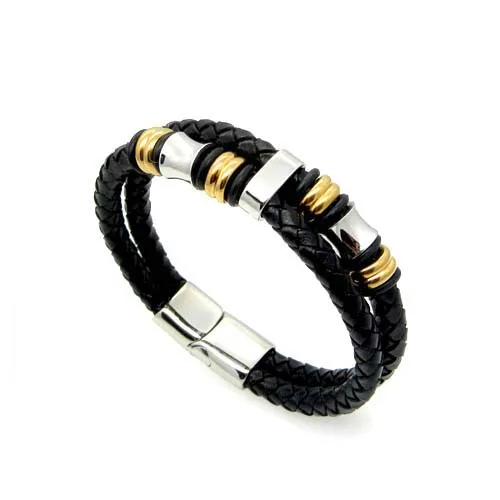 Hua Express Black Leather Wrap Stainless Steel Cuff Bangle Thin Leather Rope Wristband Bracelet