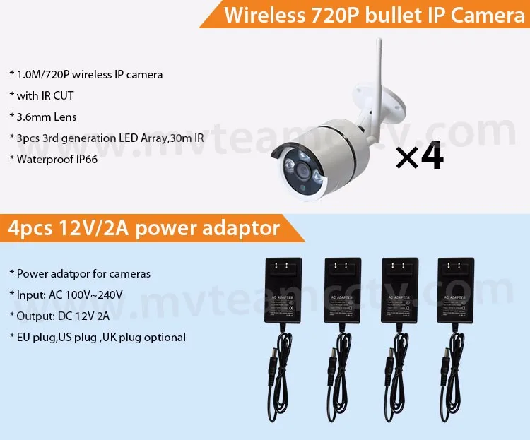 960P 4CHs Wireless Home Security Camera System All In One DVR Monitor 