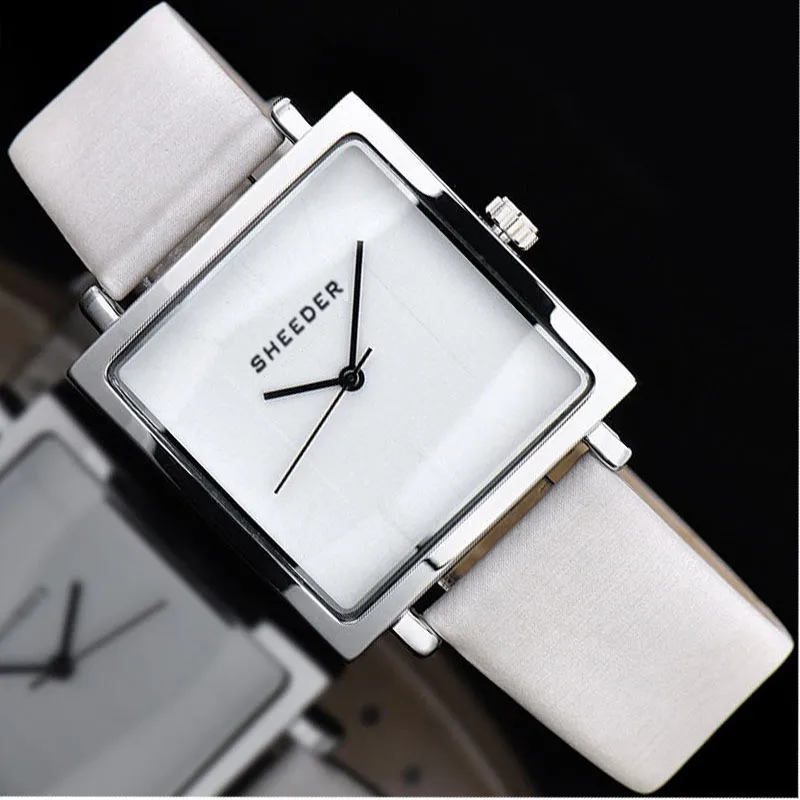 Fashion White Leather Strap Square Watch Lady Luxury Square Shaped