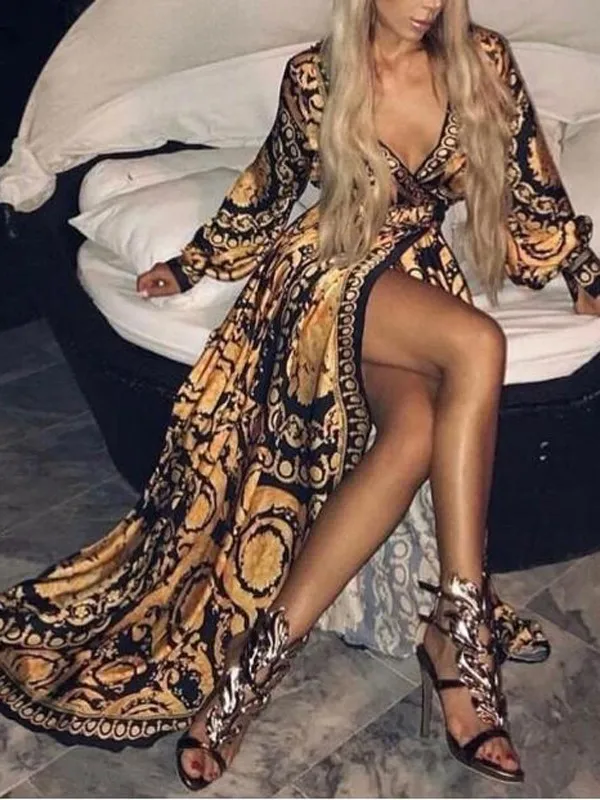 2019 Foreign trade dress hot style sexy deep V slit dress print skirt evening dresses cocktail dresses ball-gown skirt