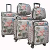 pu leather 4 wheel travel suitcase spinner flower print luggage