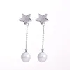 Custom production womens cz shell pearl silver long drop star earring 2019
