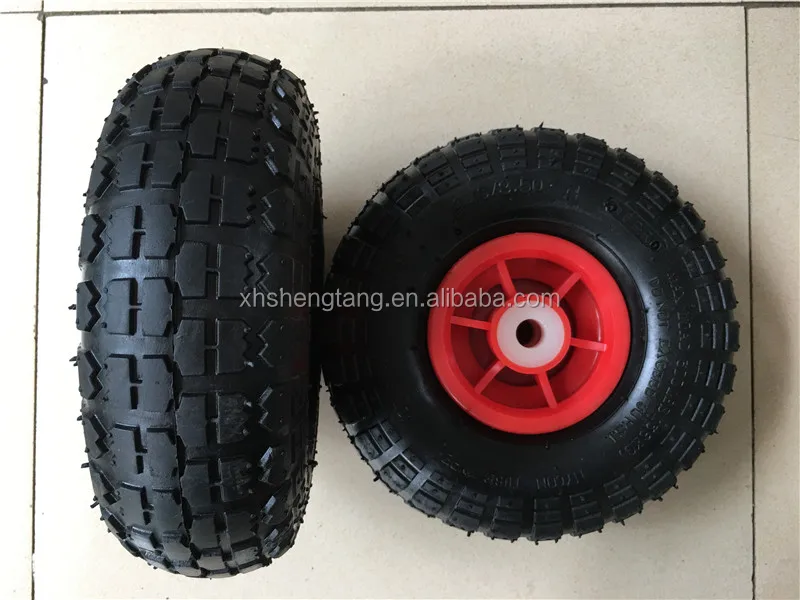 10 Inch Pneumatic Wheel With Red Plastic Rim And White Nylon Bushing
