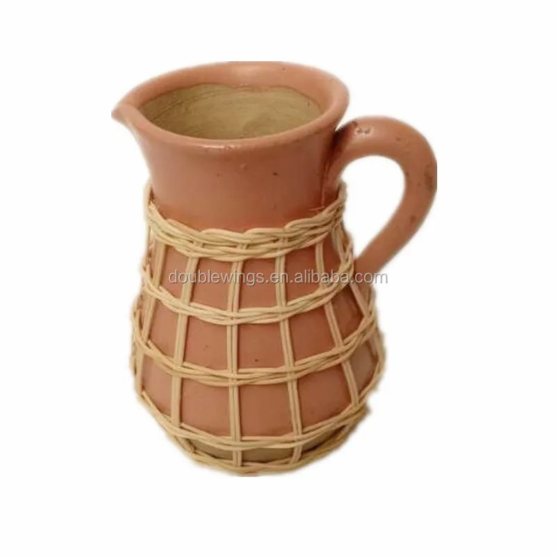 Hot Sale Ceramic Pitcher Shape Vase With Rattan Outside Buy