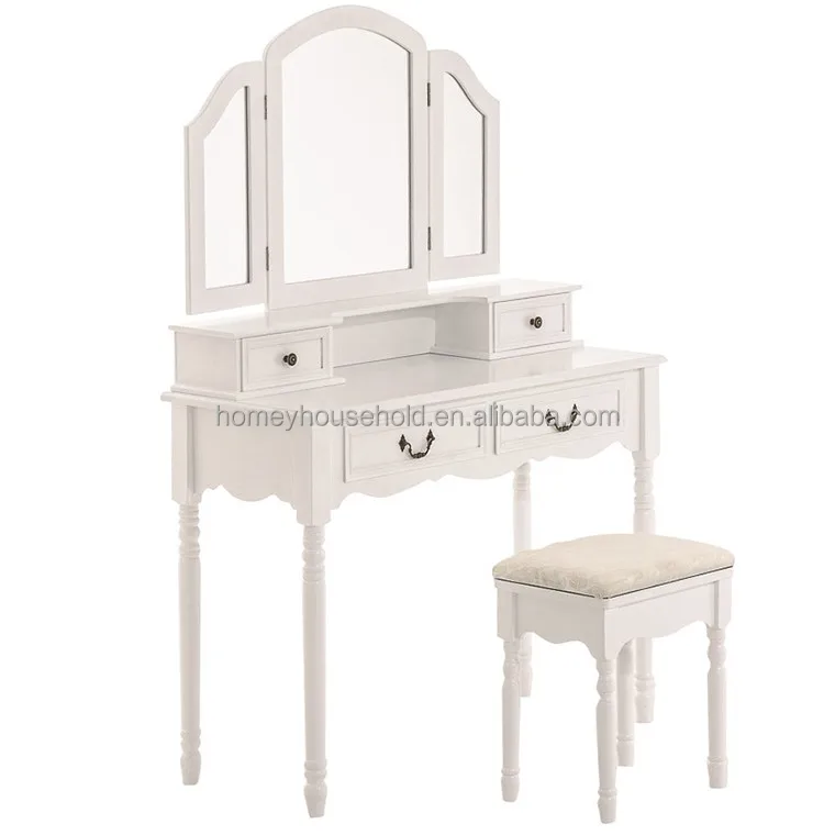 Dressing Table With Triple Mirror French Wooden Makeup Dresser