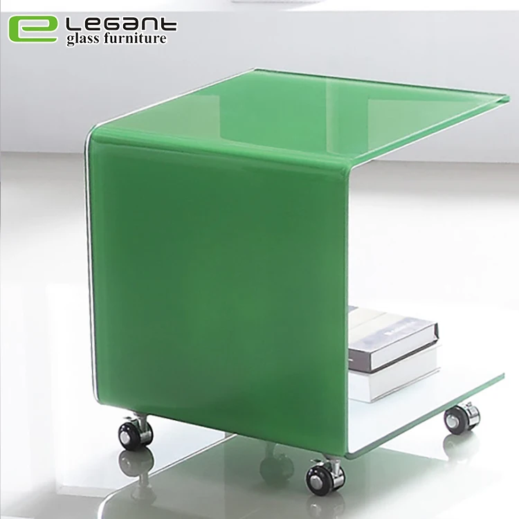 C shape Green glass side table with wheels