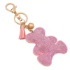 Genuine leather tassel crystal bear purse bag charms keychain,DIY rhinestone fringe animal pendant car ornaments ring key chain