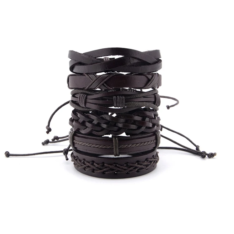 6pcs/pack Leisure Fashion Men's Hand-woven Leather Bracelet Multilayer Bracelet