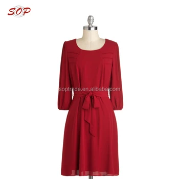 Ladies Long Sleeve Red Chiffon Dress 