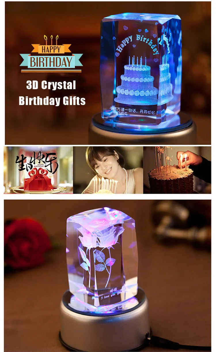 Crystal Block 3d Laser Crystal Cube With Led Light Base For Birthday