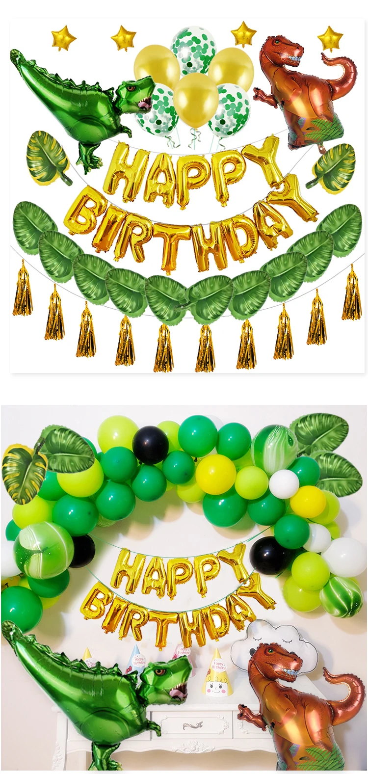 29pcs Happy Birthday Decoration Dinosaur Balloon Set With Leaf 16 inch Foil Balloon Green Confetti Latex Balloons Party Supplies