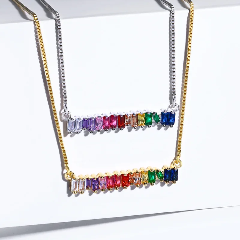 Fashion 18k gold plated cz baguette pendant necklace popular rainbow tennis necklace for women