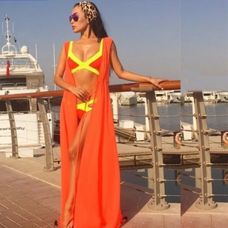 Youme Swimsuit Cover Up Women Sexy Beach Coverups Chiffon Long Dress Solid Beach Cardigan