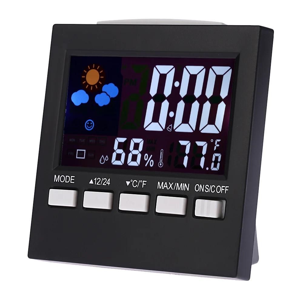 Multifunctionele Digitale Kleurrijke LCD Thermometers Klokken Hygrometer met Kalender Weersverwachting Display E1692
