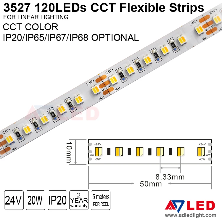 High lumens tape lights smd 3527 120led dc 24v adjustable color cct led strip