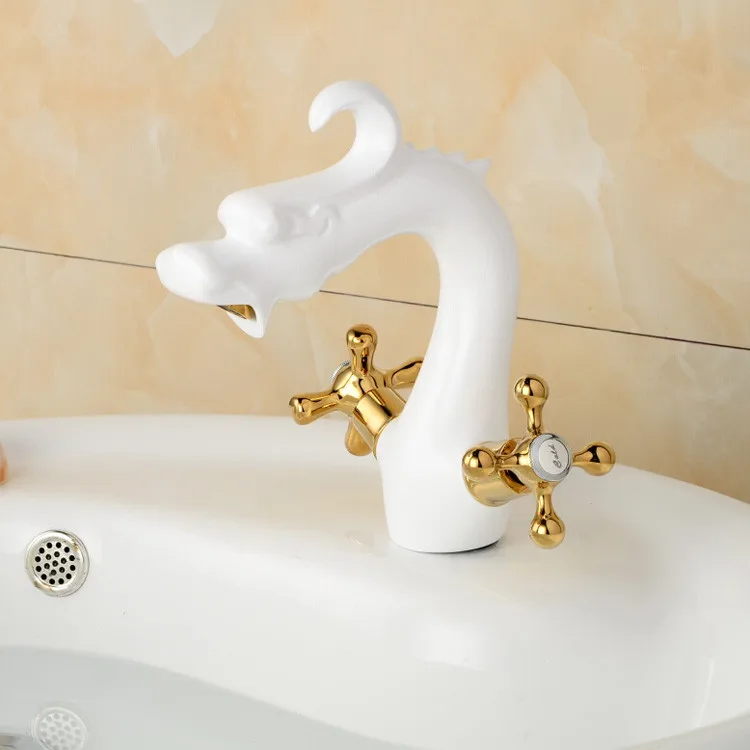 Chinese Dragon Style Washroom Faucets Dual Handle Single Hole Deck