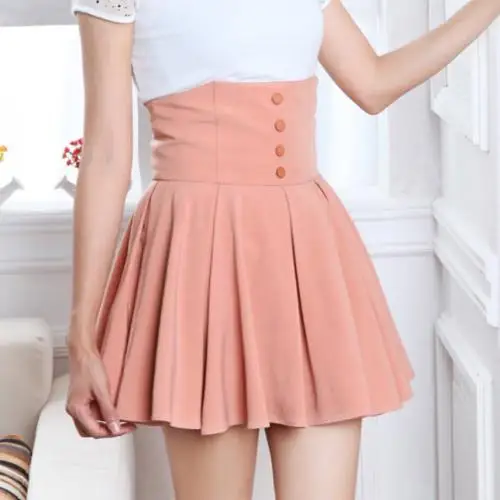 New Hot Women's Girls High Waist Pleated Button Mini Skirt Pink Black