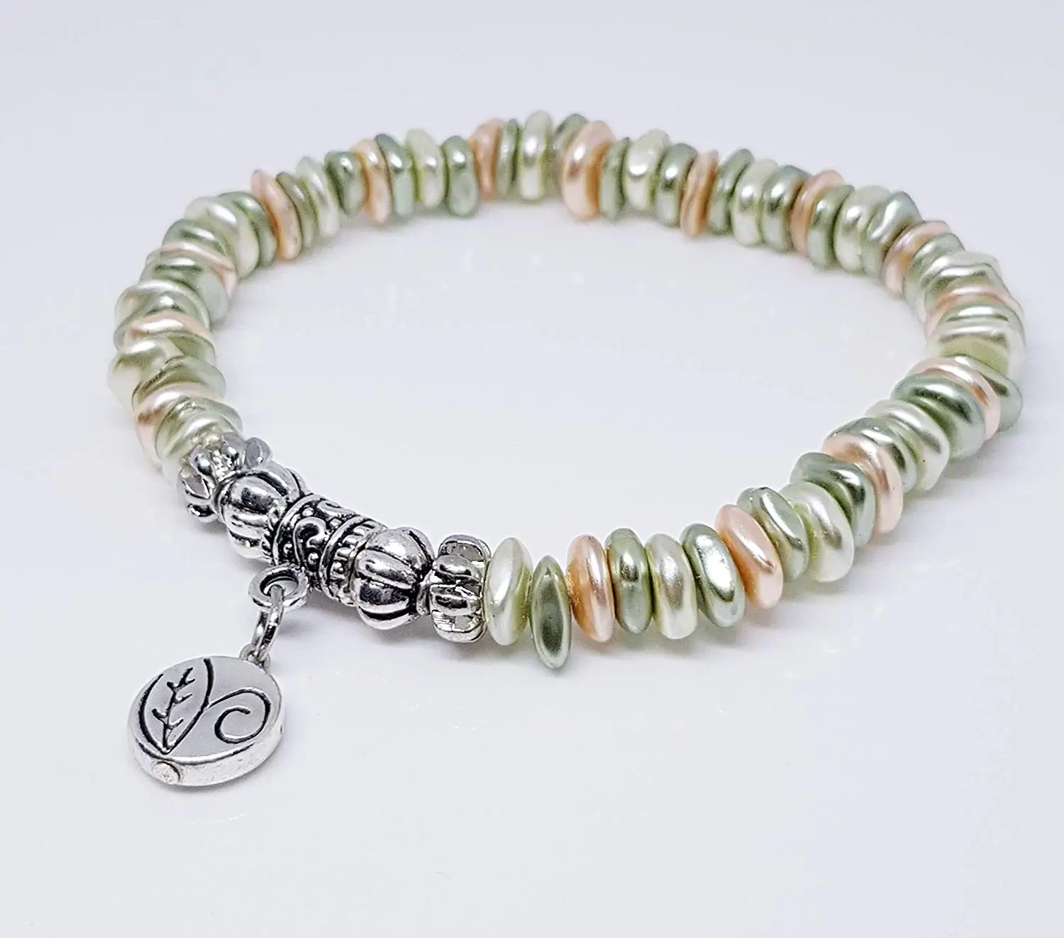 Light Tan Sage White Chips/Silver Plated Lantern Beads/Silver Metal Tube Drop Bead/Antique Silver Leaf Disc Metal Bead Charm Bracelet