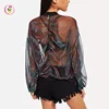 Letter Print Mesh Panel Jacket for Women Zip Up Sexy Black Ribbon Striped Night Out Bomber Jacket