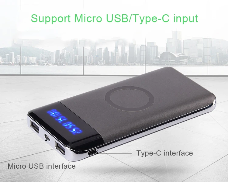 logo custom portable Qi standard mobile phone wireless charger slim power bank 10000mah with lcd display - ANKUX.COM