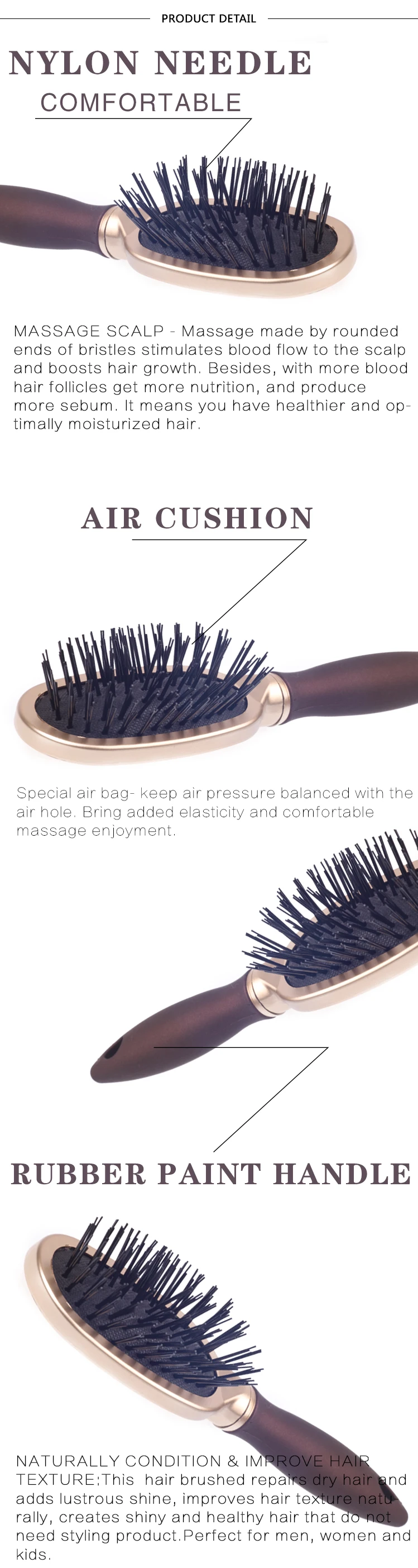 EUREKA 9557SCEG-BR Mini Paddle Cushion Hair Brush for All Hair Types Ball-Tip Nylon Pins Anti-Slide Handle Hairbrush