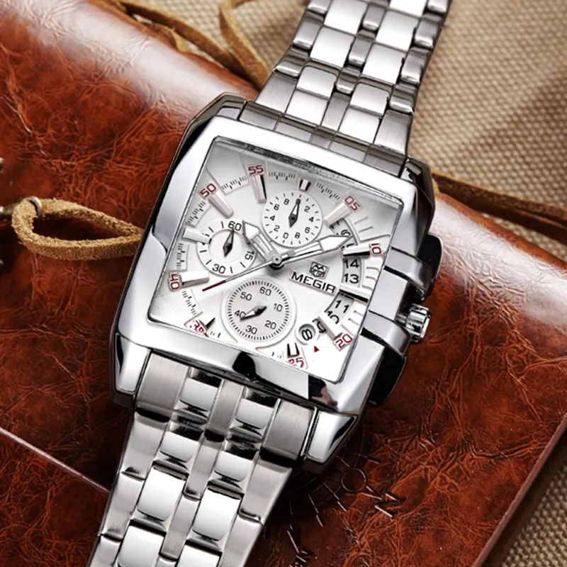 Megir Brand Luxury Men Watch Stainless Steel Square Quartz Watches ...