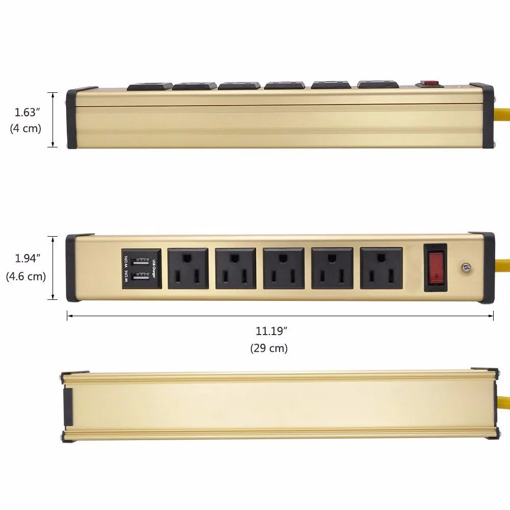Heavy Duty Metal Power Strip With 2 Usb Charging Ports (3.1a) And 5