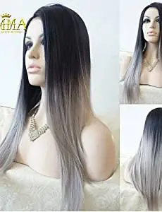 Wigs have an attractive convenience fashion Silk Straight Ombre Silver Grey Synthetic Lace Front Wig Two Tone Natural Black/Grey Hair Wigs For Women Emma Wigs