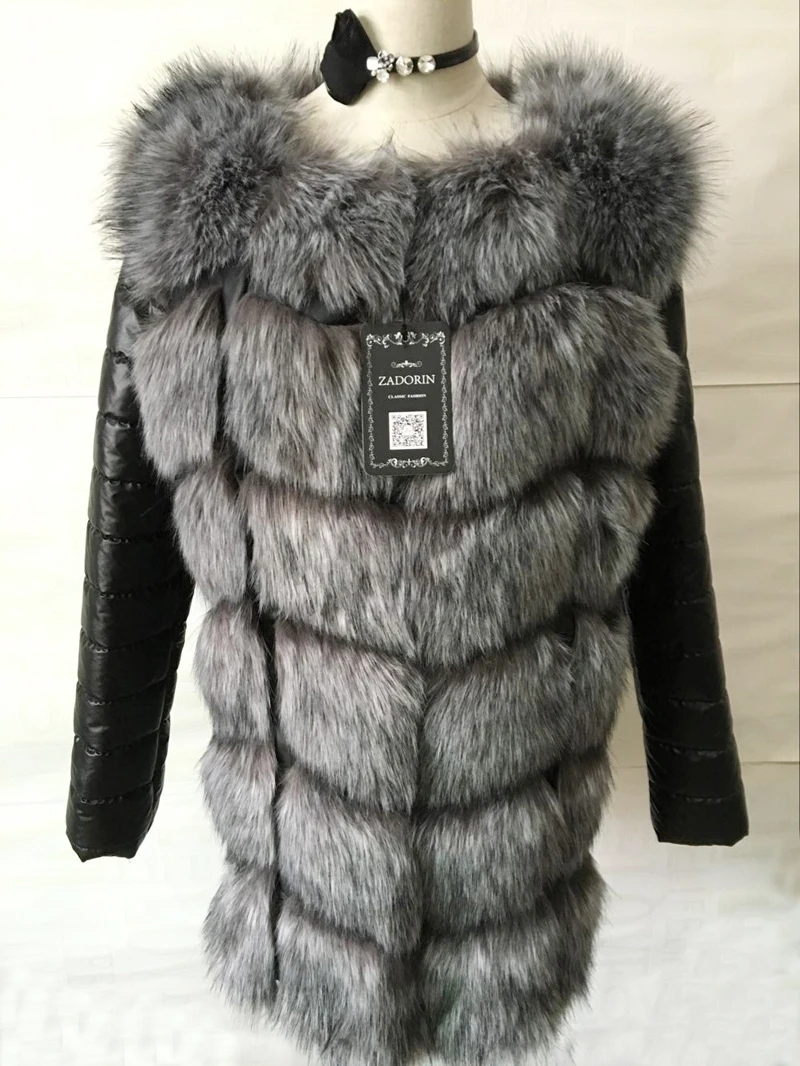 Fashionable winter coat women's thick artificial fox fur coat and PU sleeve women's fake leather jacket