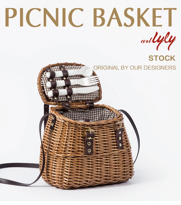 mini small willow wicker rattan cane picnic basket with long