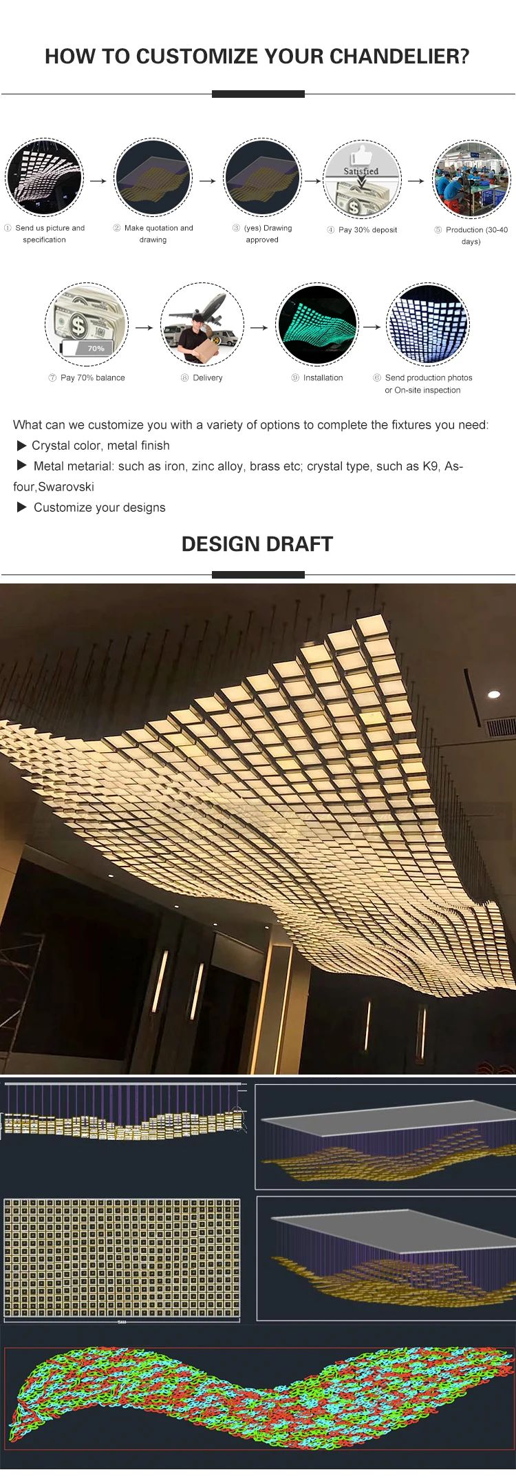 Professional custom design lobby club stainless steel crystal pendant lamp
