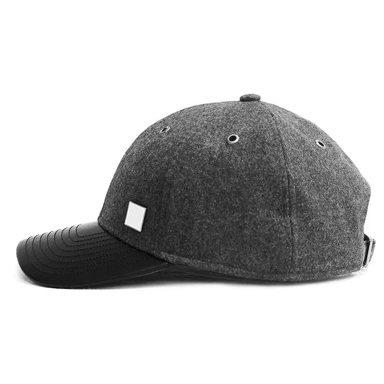 Custom Grey Wool No Logo Baseball Cap With Leather Curved Brim Baseball ...