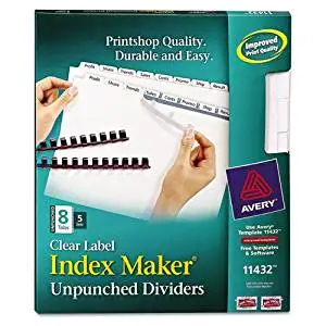 Avery Index Maker Clear Label Unpunched Divider, 8-Tab, Letter, White, 5 Sets