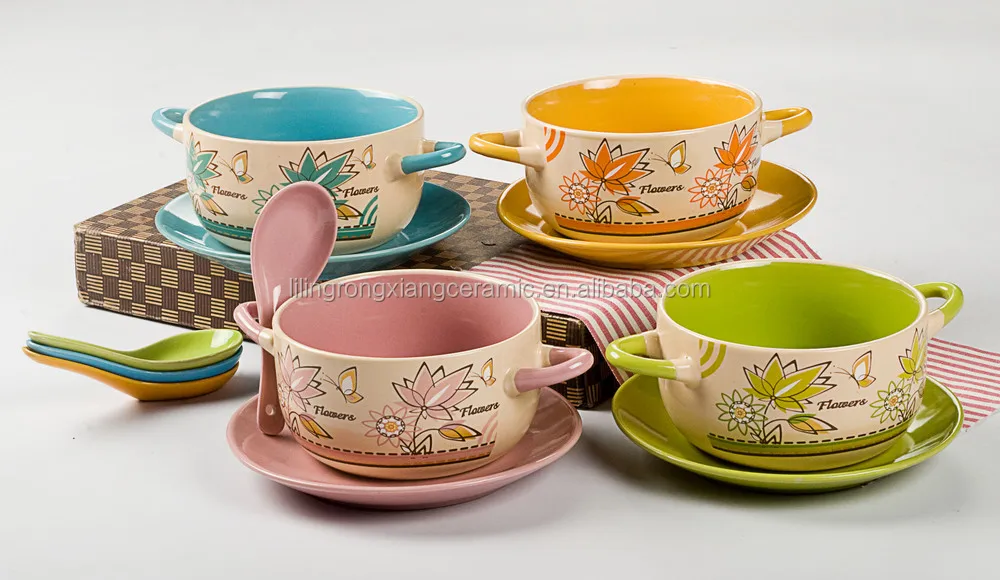New Style 5.5" Ceramic Soup Bowl 2 Handle With Spoon And Saucer Buy