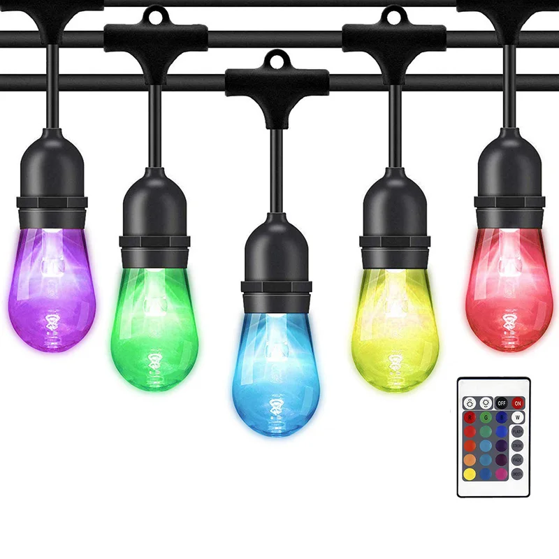Brightness Adjustable 48FT 24 Hanging LED Light Color Dimmable Color Changing Bulbs Outdoor RGB String Lights